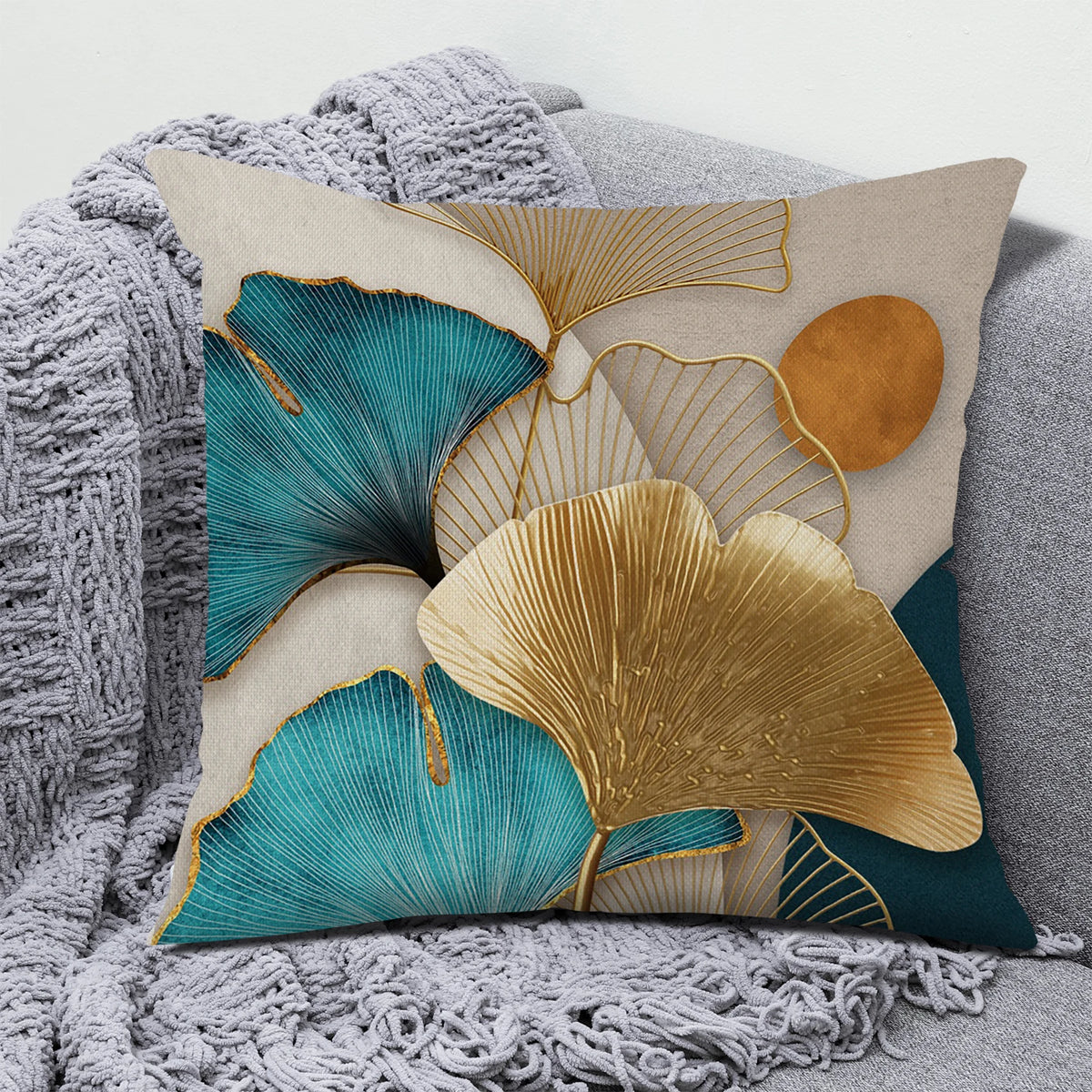 Ginkgo Leaf Linen Throw Pillow Cover