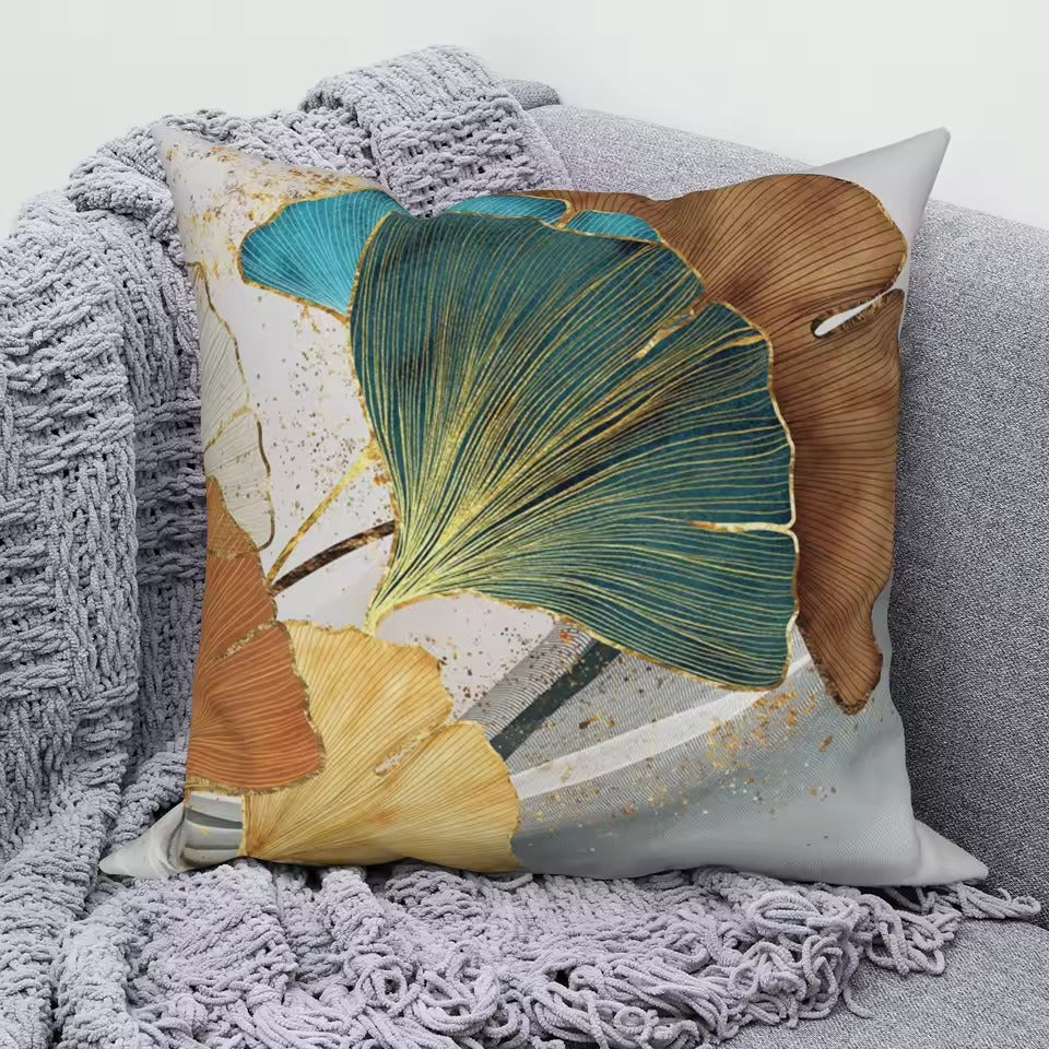 Ginkgo Leaf Linen Throw Pillow Cover - Design 7