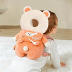 Baby wearing a soft cushioned head-guard backpack pillow